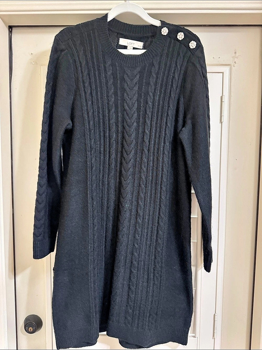 LOFT Cable Knit Sweater Dress in Black with rhinestone detail NWT